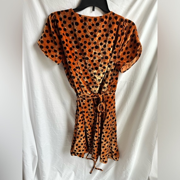 Madewell Short Sleeve Velour Wrap Dress Brown with Black Polka Dots Size S - Picture 3 of 3